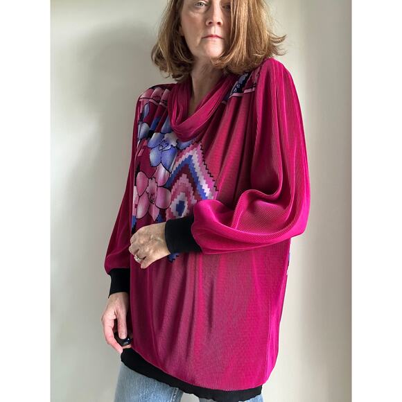 Virginie Paris Floral Micropleated Blouse Pink Made in France Statement SZ L - Picture 4 of 11